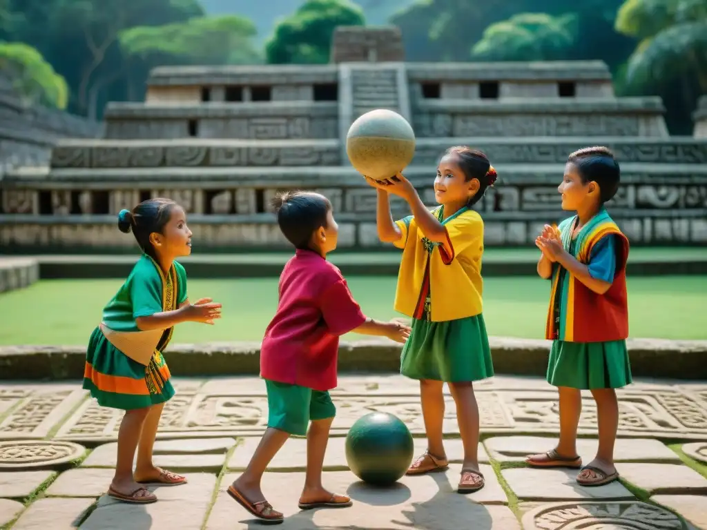 Juego de pelota maya: tradición y alegría en la antigua corte de piedra Niños mayas juegan ancestral juego de pelota en antiguo campo de piedra rodeado de vegetación exuberante