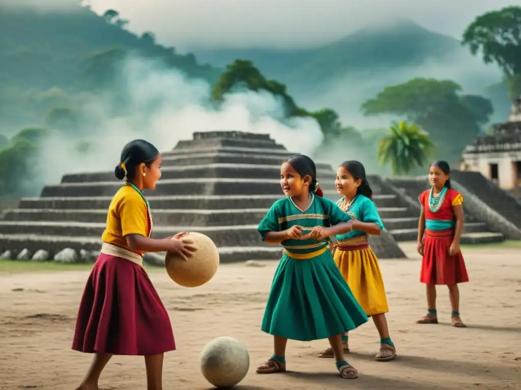 Niños mayas juegan un juego tradicional en Guatemala, rodeados de ruinas antiguas y vegetación exuberante