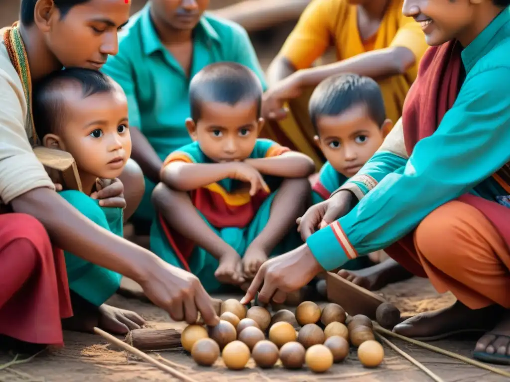 Niños de un mercado emergente juegan con juguetes tradicionales en el suelo, reflejando alegría y concentración