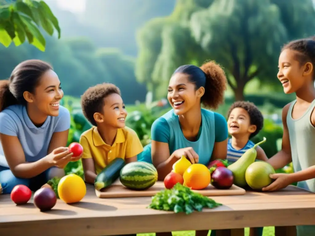 Niños multiculturales disfrutan de juegos educativos nutrición salud en un parque soleado y colorido, rodeados de frutas y verduras gigantes