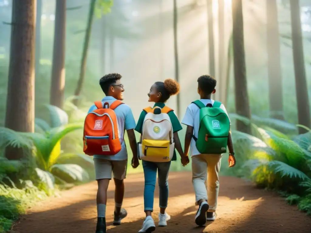 Niños explorando la naturaleza juntos entre árboles verdes, con mochilas de colores