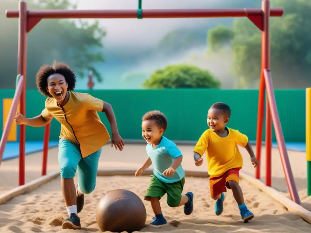 Niños de distintos orígenes culturales juegan juntos en un parque vibrante y diverso, promoviendo la globalización de juegos infantiles tradicionales