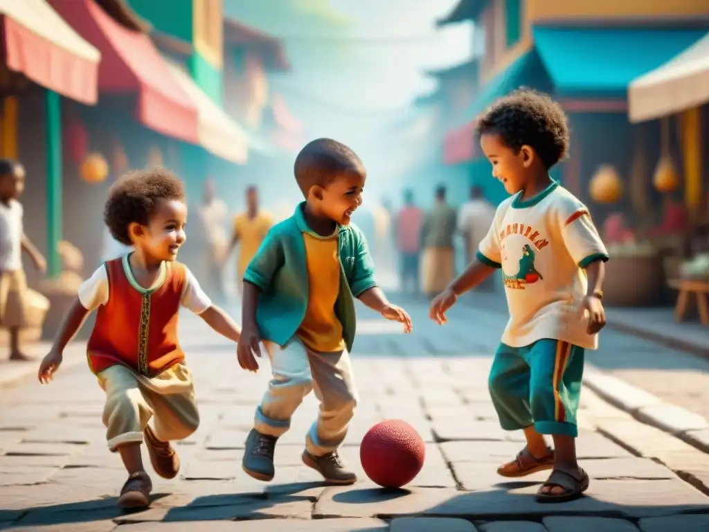 Niños de diferentes culturas jugando juntos en un mercado vibrante Niños de distintos orígenes juegan en un mercado bullicioso, transmitiendo alegría y camaradería