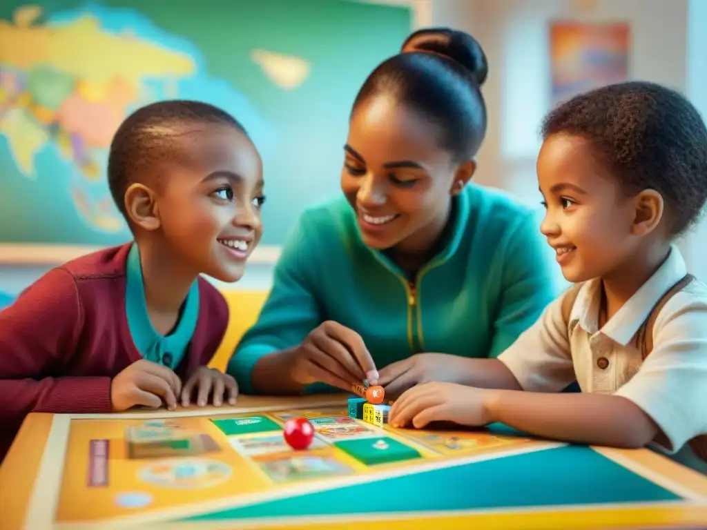 Niños de distintos países juegan un juego de mesa educativo en un aula colorida