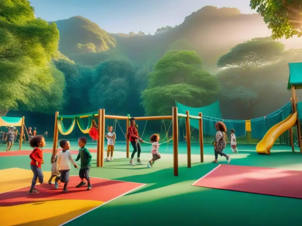 Niños diversos juegan en un parque verde rodeados de árboles y pancartas coloridas sobre concienciación ambiental al atardecer, fomentando campañas de concienciación a través de juegos