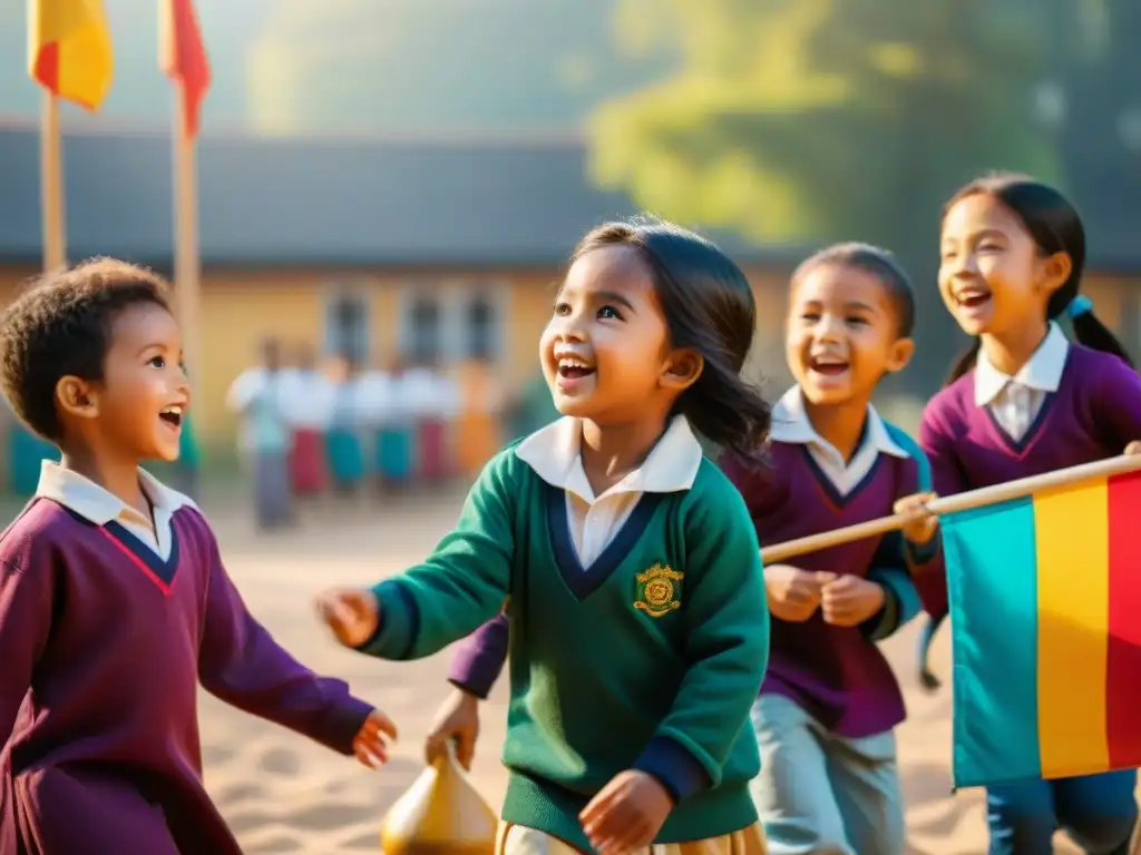 Niños de diferentes partes del mundo juegan juntos en un patio escolar multicultural, fomentando la unidad y la diversidad con juegos tradicionales