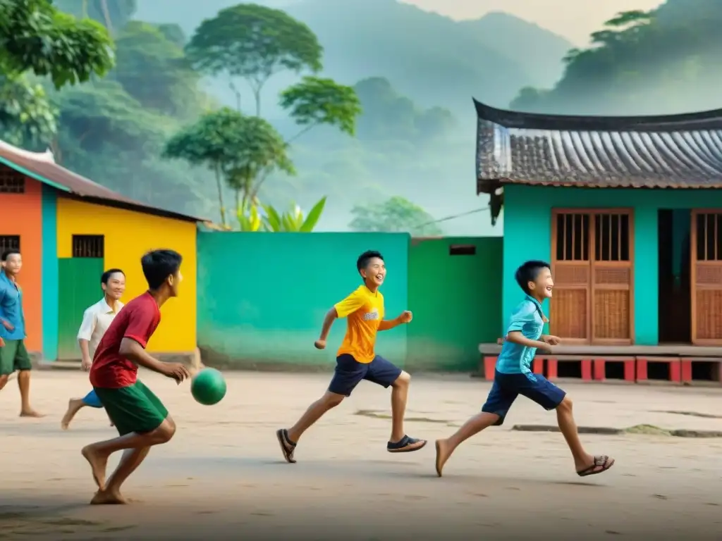 Niños disfrutan de pasatiempos en el sudeste asiático en un vibrante pueblo, jugando sepak takraw y volando cometas