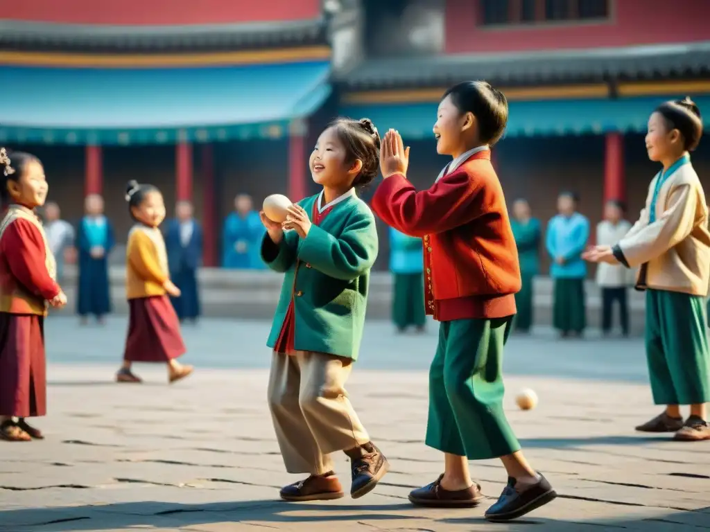 Niños juegan jianzi en plaza de ciudad asiática