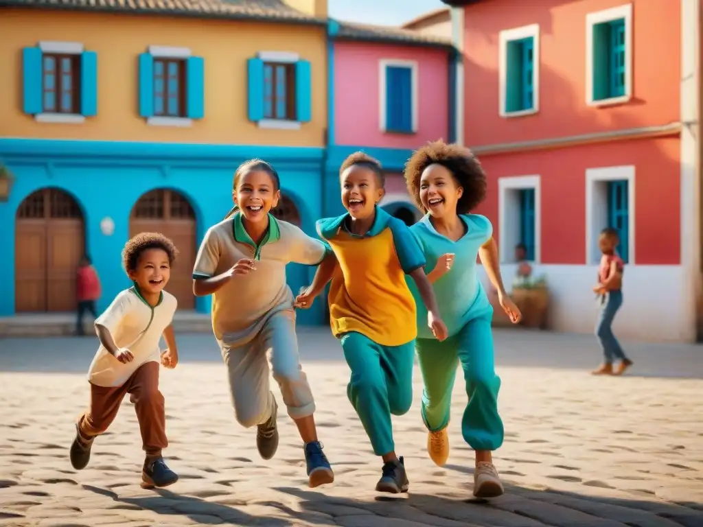 Niños riendo y jugando en la plaza, resaltando la importancia de los juegos tradicionales en la preservación de culturas