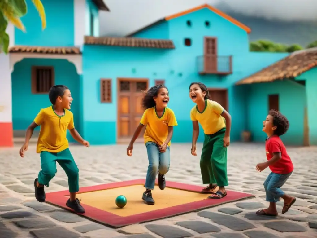 Niños riendo y jugando en una plaza tradicional latinoamericana, resaltando la importancia de los juegos tradicionales en la cultura de la región