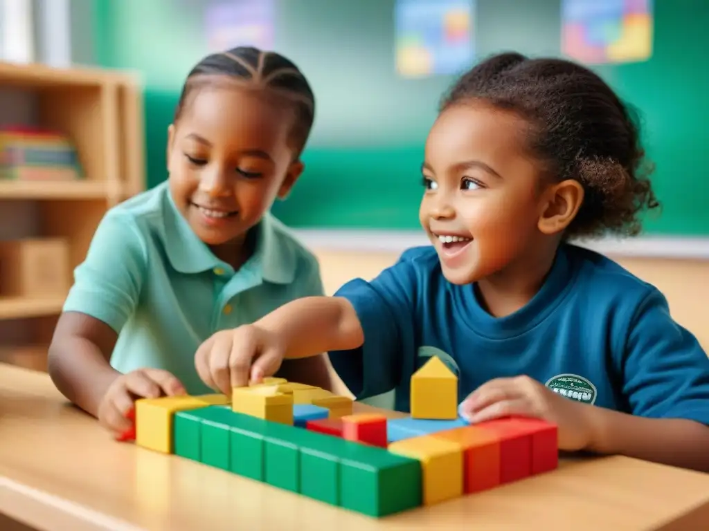 Niños de primaria colaboran con entusiasmo y concentración en juegos de construcción, potenciando beneficios educativos