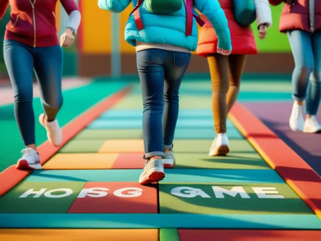 Niños de primaria juegan juntos a la rayuela en un patio colorido, mostrando teamwork y diversión en juegos tradicionales para mejorar aprendizaje