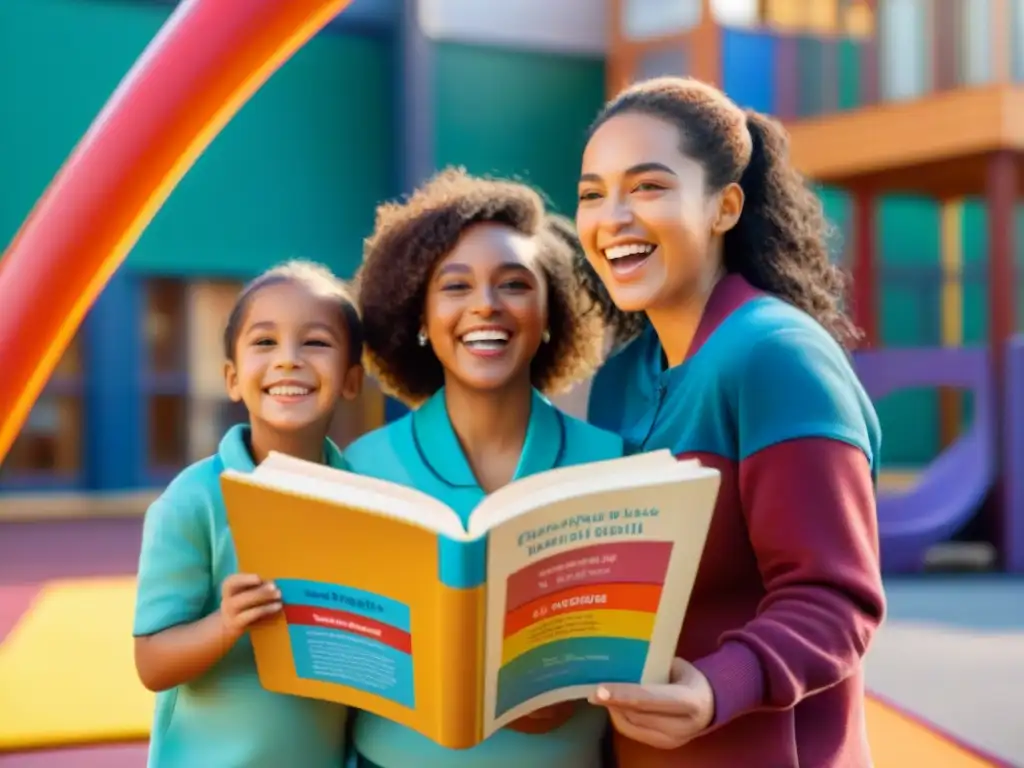 Niños de primaria multiculturales juegan y ríen juntos en un patio colorido, mostrando la Importancia del juego en educación