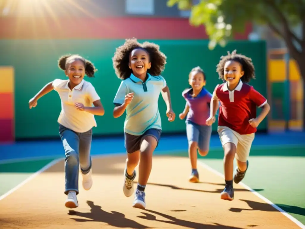 Niños de primaria juegan y se ríen en un patio colorido, promoviendo juegos tradicionales para mejorar aprendizaje