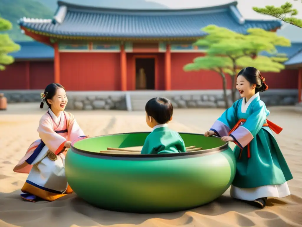 Niños en hanboks juegan tuho en un pueblo coreano, transmitiendo alegría y tradición