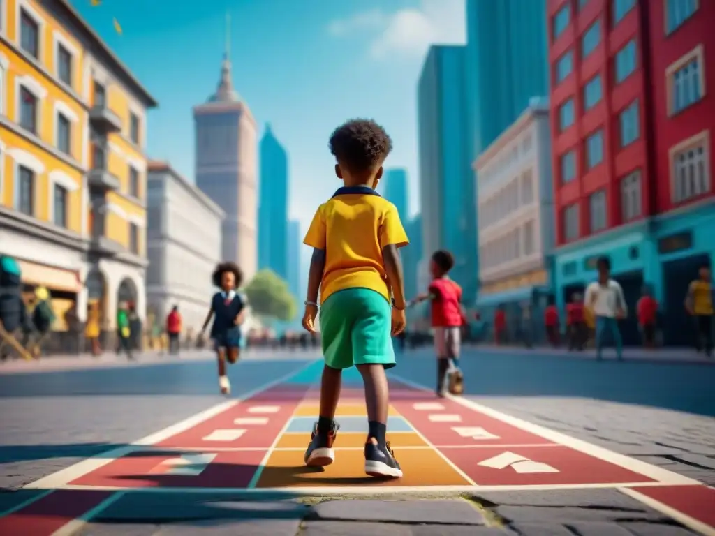 Niños diversos juegan rayuela en la calle entre arquitectura urbana y rascacielos, fusionando lo antiguo y lo moderno