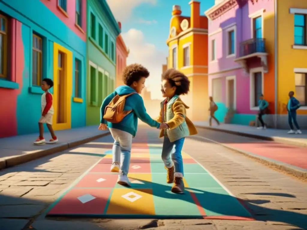 Juego de la Rayuela: Diversión callejera entre niños en la ciudad Diversos niños juegan a la rayuela en una calle colorida y bulliciosa, capturando la evolución social de los juegos callejeros