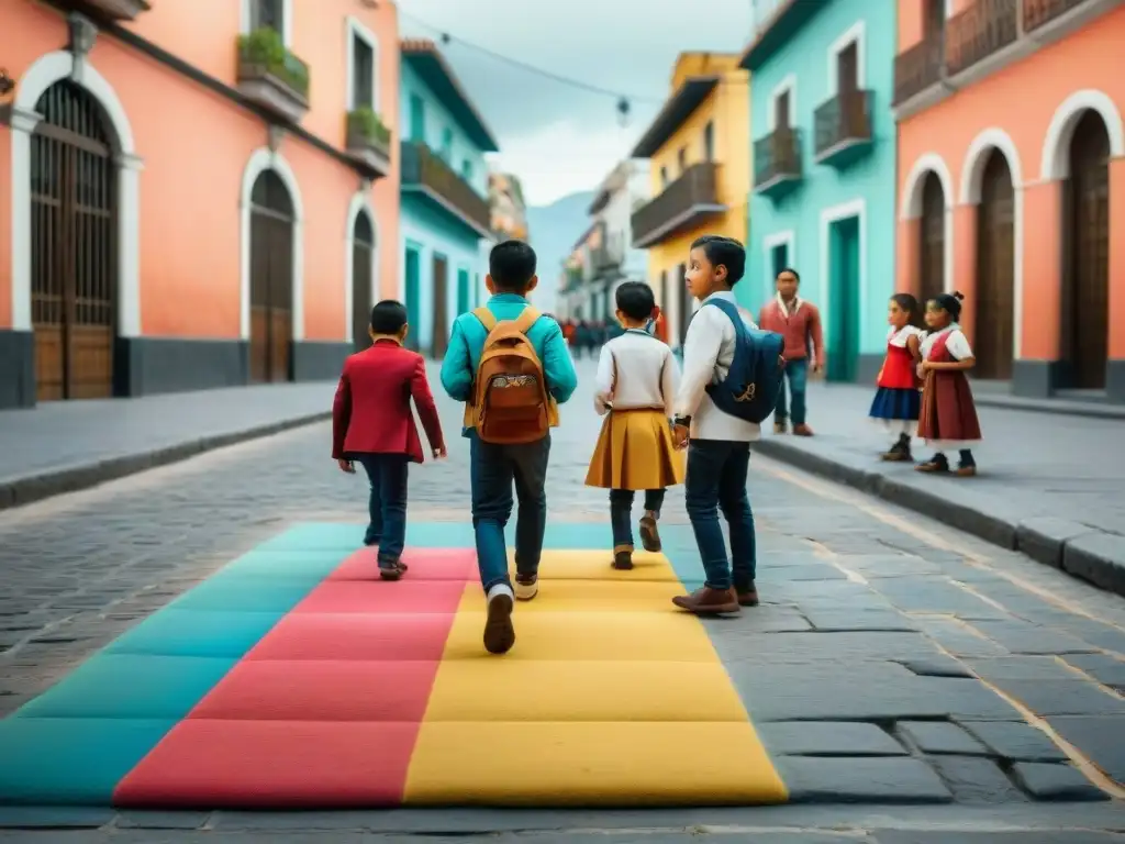 Niños juegan La Rayuela en una calle de México, con colorido tablero de gis y edificios coloniales al fondo