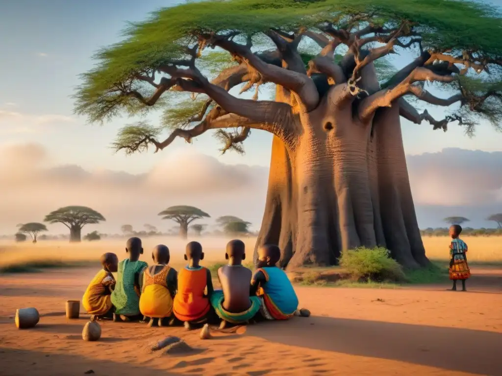 Niños juegan bajo baobab en la sabana africana, transmitiendo alegría y tradición