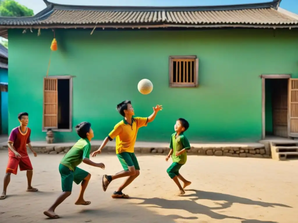 Niños juegan Sepak Takraw bajo el sol, demostrando destreza en juegos tradicionales Sudeste Asiático