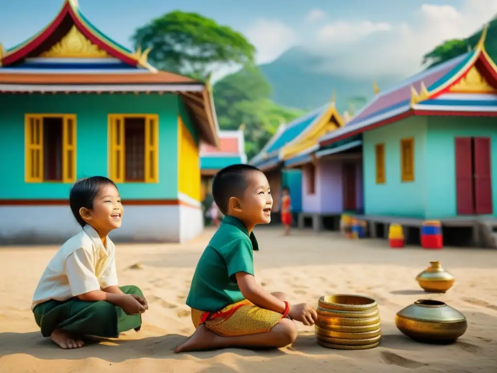 Niños tailandeses disfrutan de juegos tradicionales en una plaza vibrante con edificios coloridos y exuberante vegetación