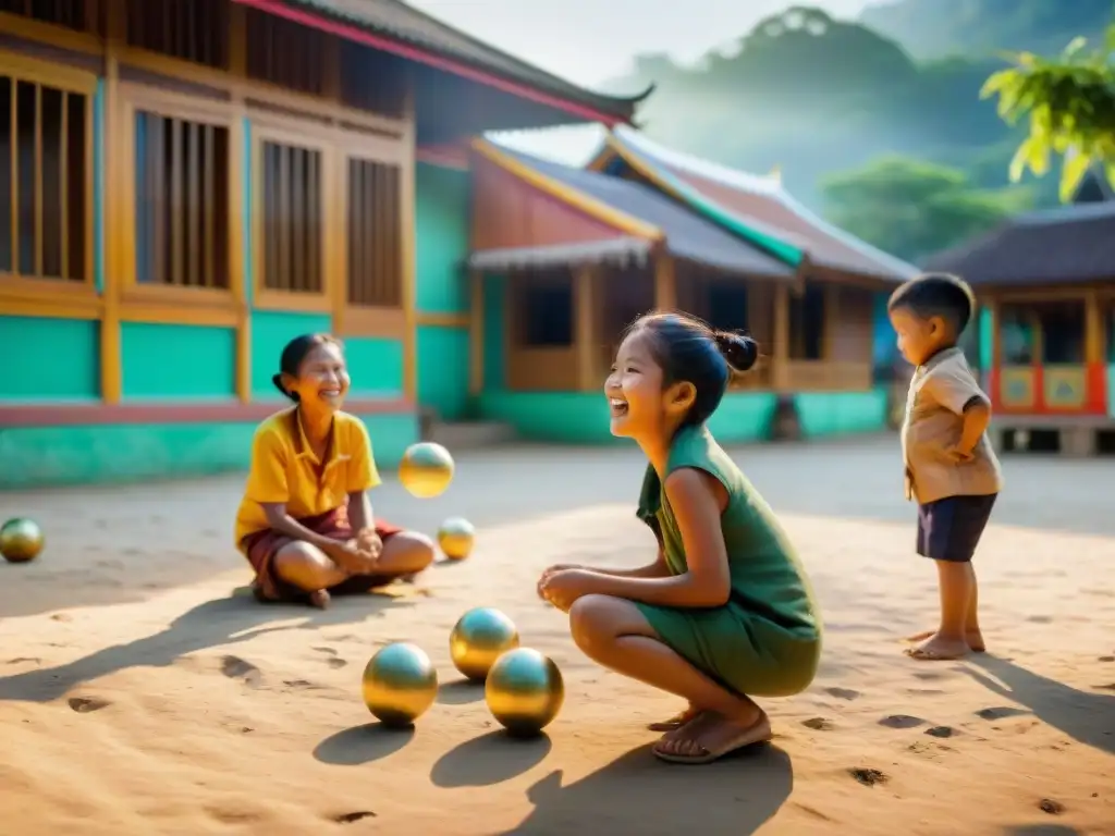 Niños tailandeses juegan Sipa en plaza vibrante con casas coloridas y naturaleza exuberante, mostrando evolución de juegos tradicionales Tailandia