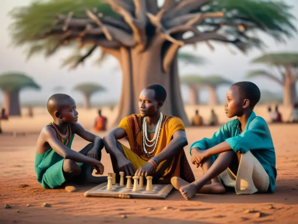 Niños en África juegan un tradicional juego de mesa bajo un baobab al atardecer