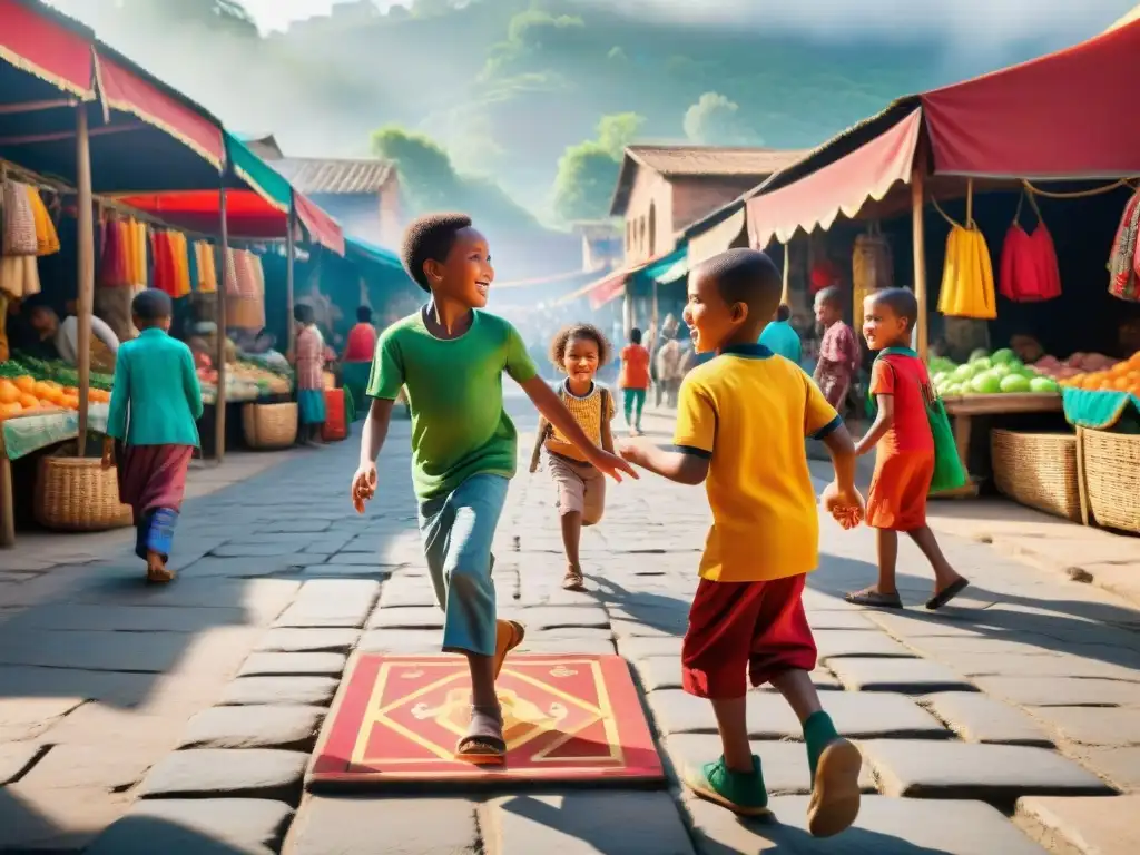 Niños jugando tradicionales juegos callejeros, resaltando la importancia cultural y la conservación de lenguas en una bulliciosa plaza