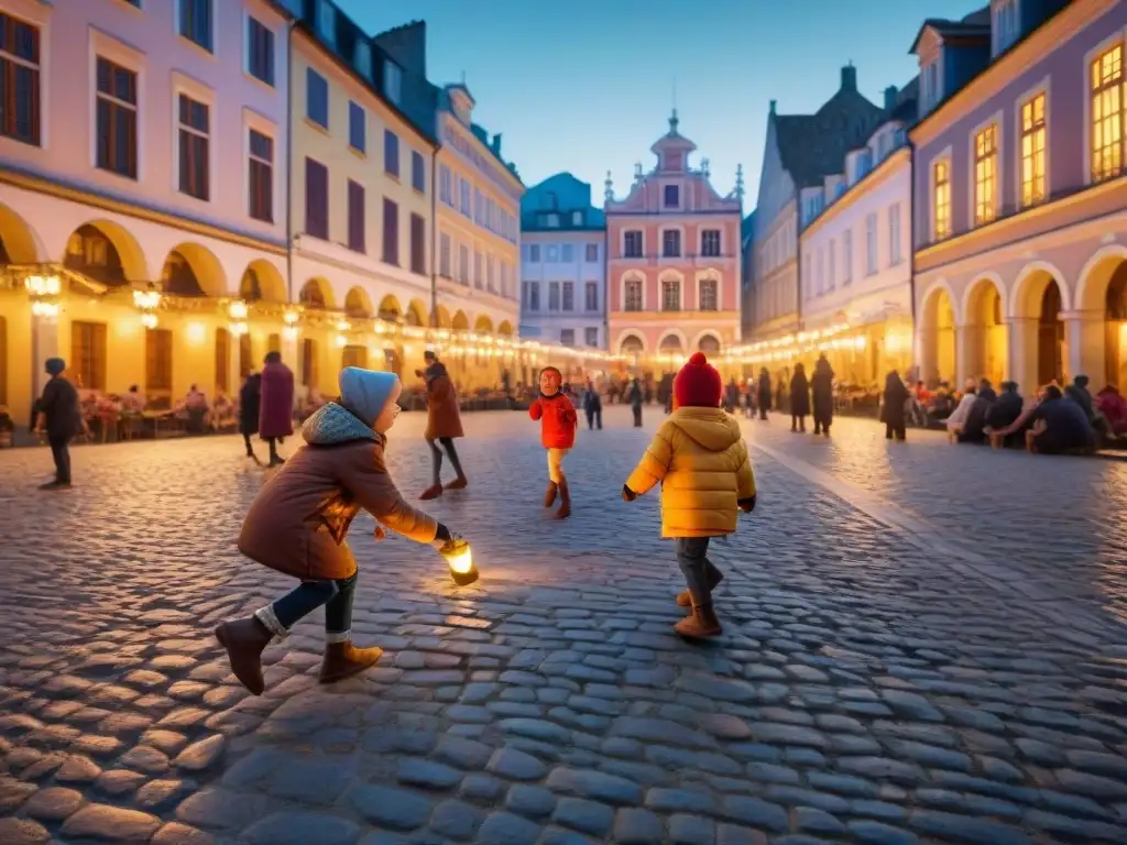 Juegos nocturnos de niños en plaza histórica Niños jugando tradicionales juegos nocturnos en la plaza de un pueblo histórico, iluminados por la cálida luz dorada