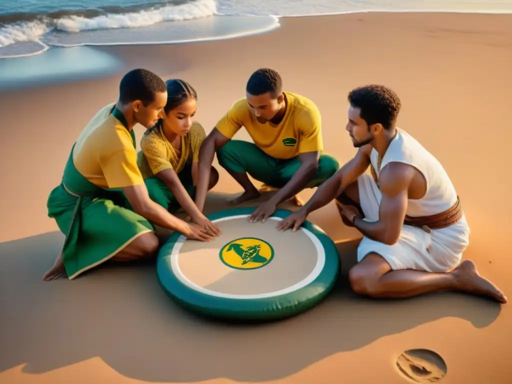 Niños en trajes tradicionales de capoeira juegan en la playa al atardecer, mostrando la esencia de los Juegos de culturas milenarias