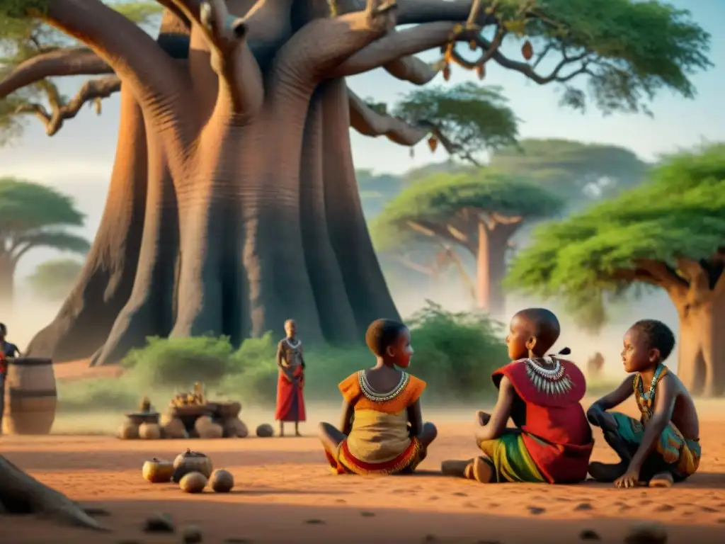 Niños de tribus africanas juegan bajo un baobab, resaltando la preservación de lenguas africanas a través de juegos tradicionales