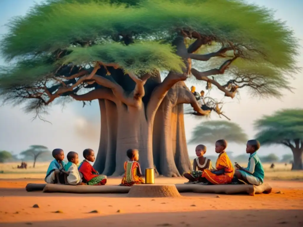 Niños de tribus africanas juegan bajo un baobab, mostrando tradición y modernidad