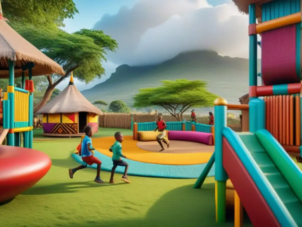 Niños de distintas tribus africanas juegan en un colorido campo de juego con diseño africano