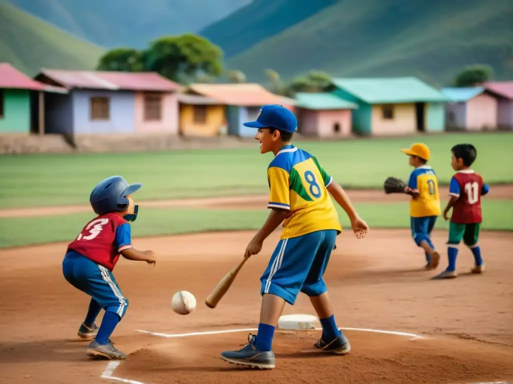 Niños venezolanos juegan béisbol en un campo polvoriento, transmitiendo alegría y tradición