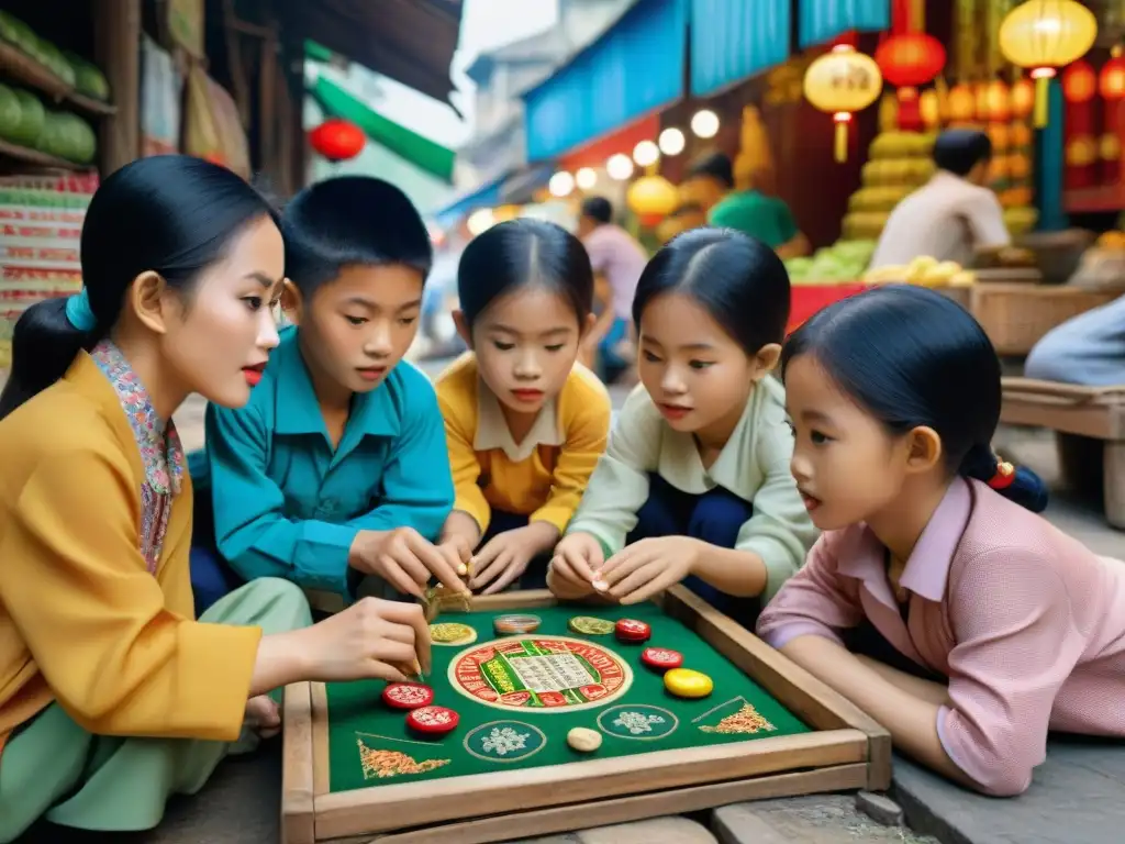 Niños vietnamitas juegan O An Quan en bullicioso mercado callejero de Hanoi