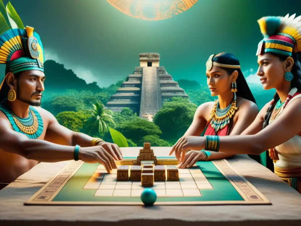 Nobles mayas juegan un juego estratégico rodeados de naturaleza exuberante y cultura ancestral