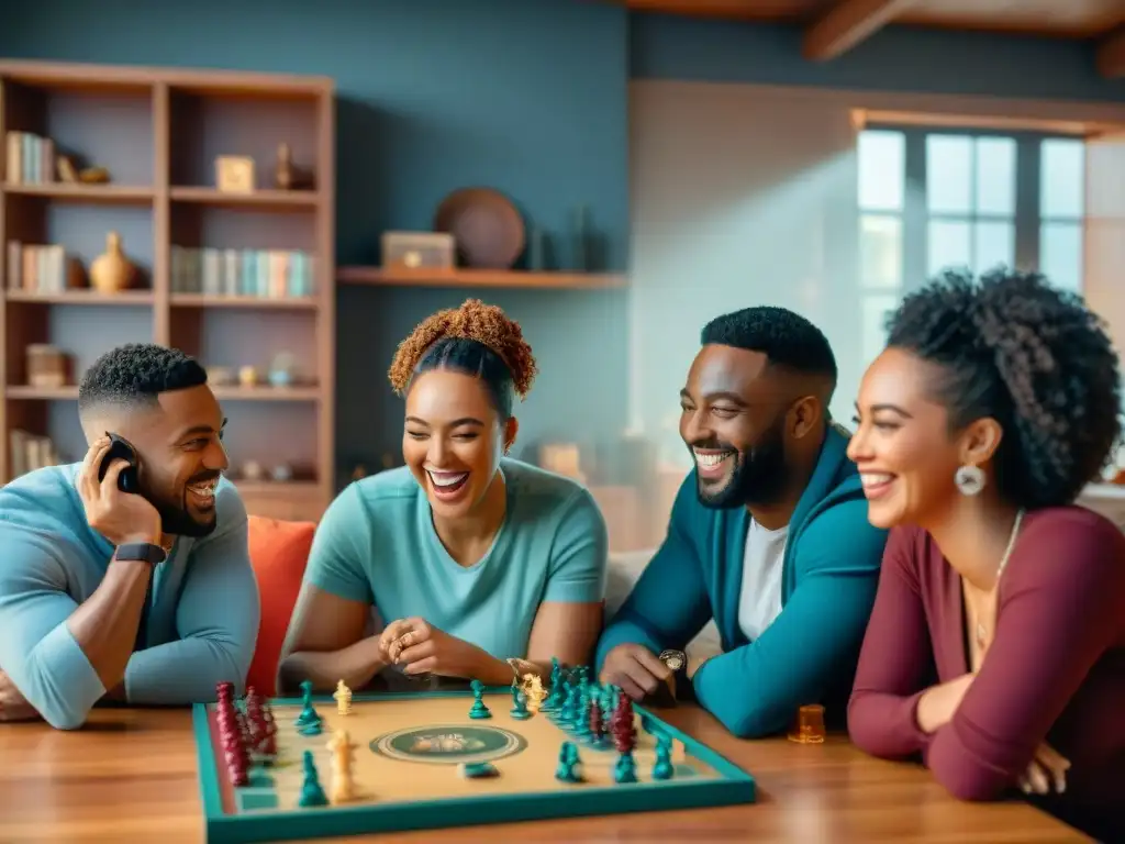 Noche de estrategias, juegos y amistad: amigos riendo y planificando alrededor de la mesa llena de juegos de mesa