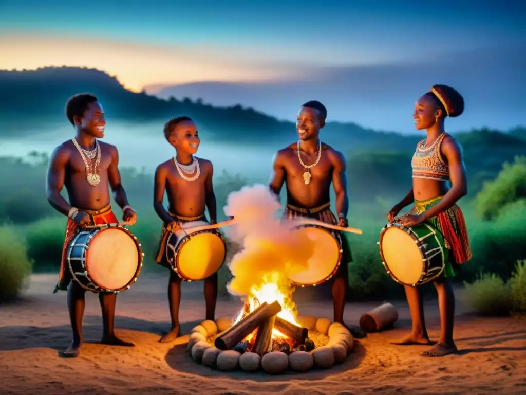 Noche estrellada: niños africanos tocando tambores y bailando alrededor de una fogata, con colores vibrantes y patrones en la ropa