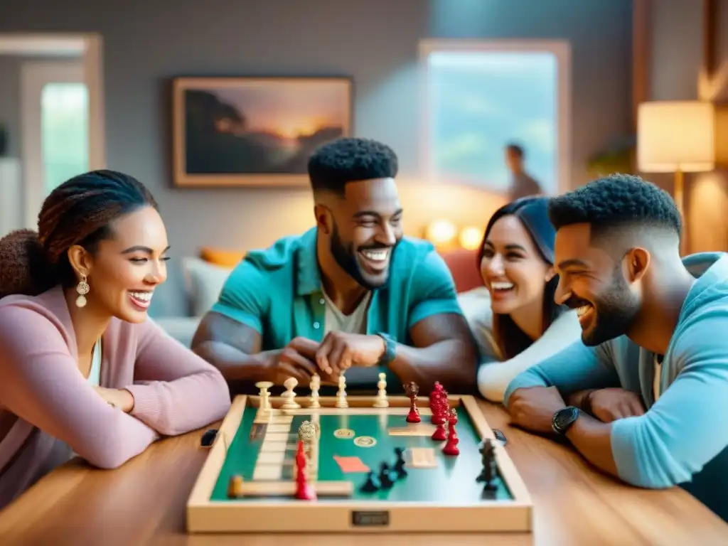 Noche exitosa de juegos de mesa: Amigos disfrutando de juegos y risas en un ambiente acogedor y cálido