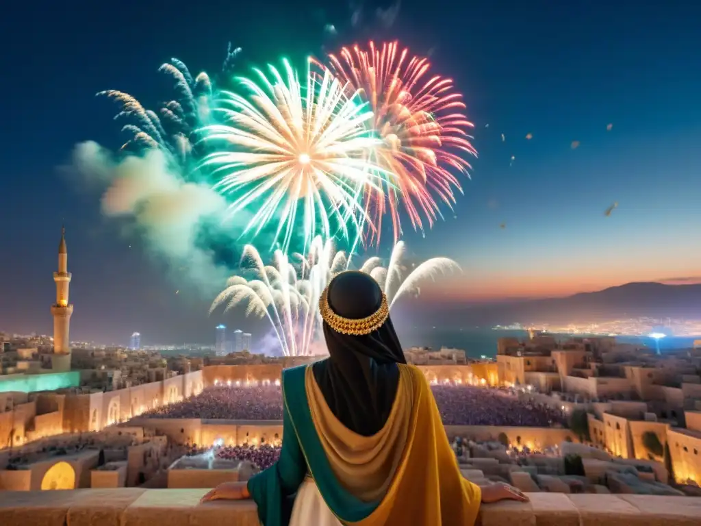 Una noche festiva en Oriente Medio: fuegos artificiales iluminan el cielo sobre una ciudad llena de vida y emoción