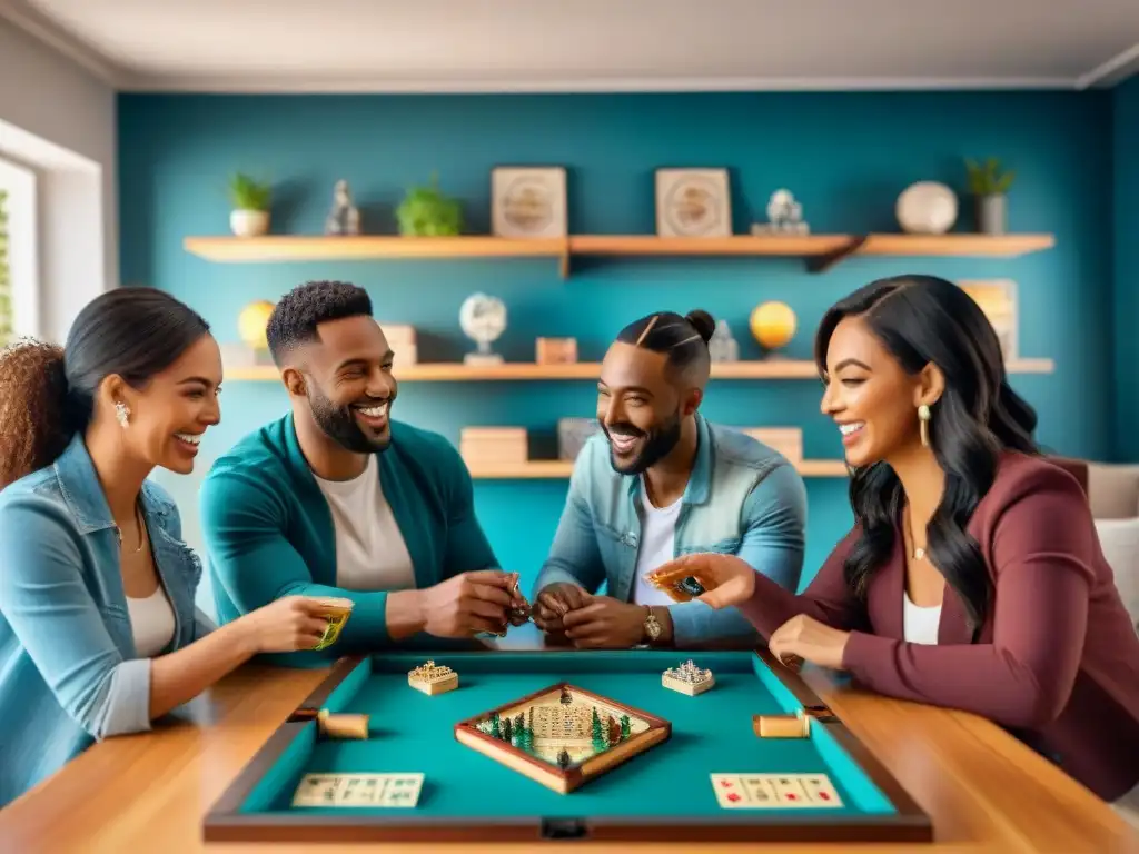 Noche de juegos entre amigos: emoción y camaradería en una acogedora sala llena de juegos de mesa