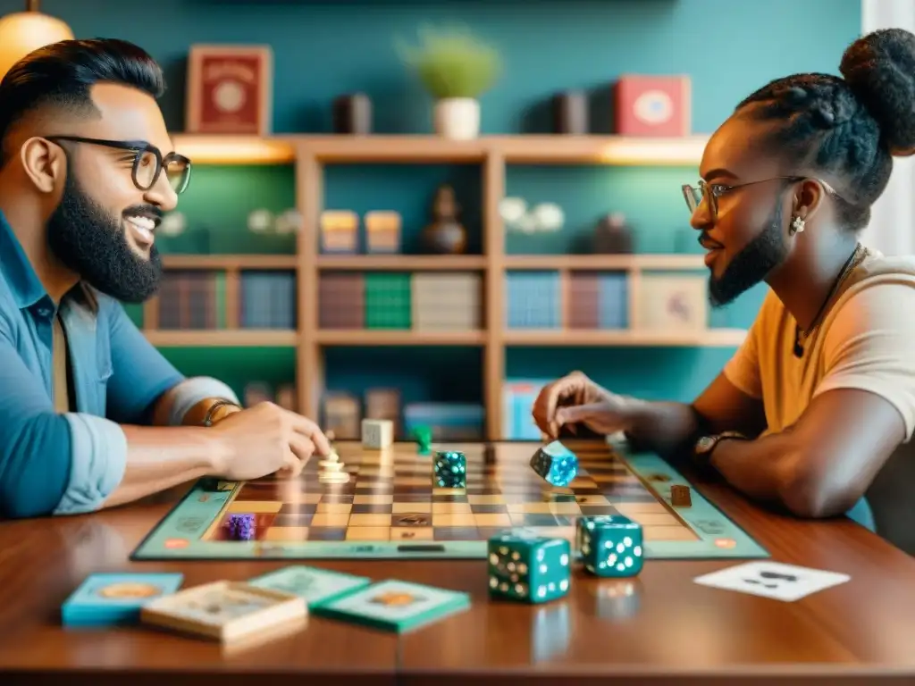 Noche de juegos entre amigos: diversión y estrategia en una mesa llena de juegos de mesa