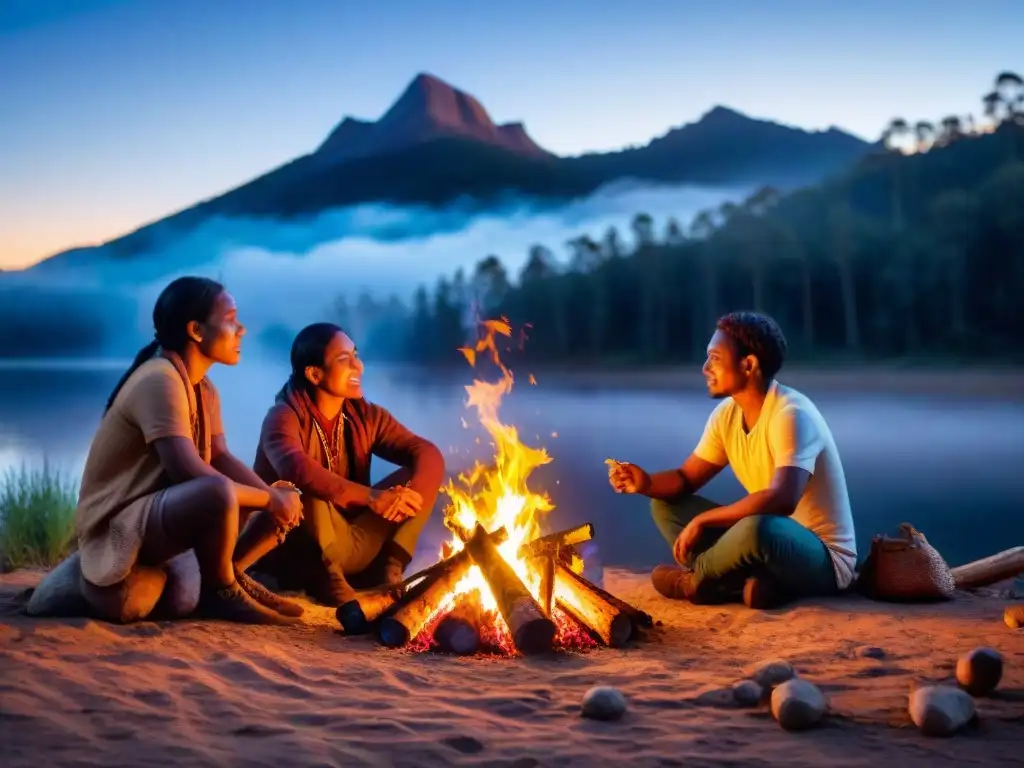 Noche de juegos indígenas: niños escuchan fascinados la historia cultural narrada por el anciano alrededor de la fogata en el bosque estrellado