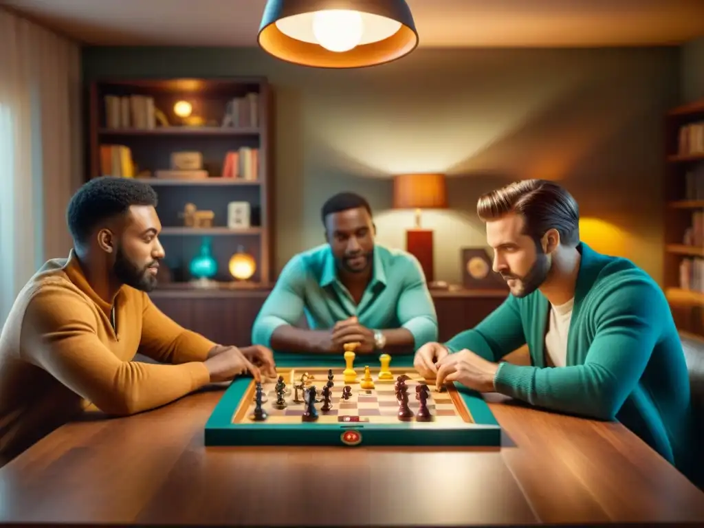 Noche de juegos de mesa retro: amigos disfrutando de partidas animadas en un ambiente acogedor y nostálgico