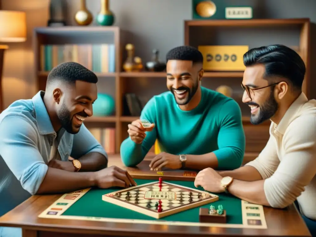 Una noche de juegos de mesa retro en un ambiente acogedor y nostálgico entre amigos riendo y compartiendo aperitivos