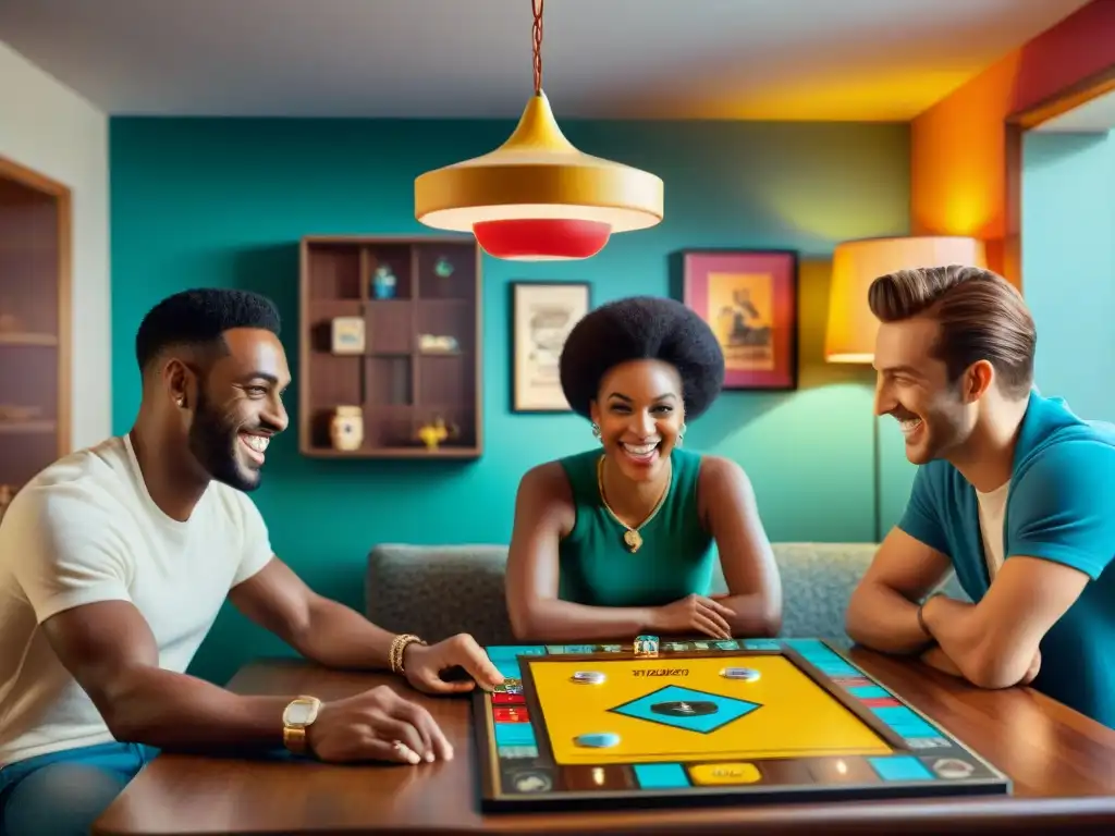 Noche de juegos de mesa retro con amigos sonrientes en una acogedora reunión alrededor de una mesa de madera vintage