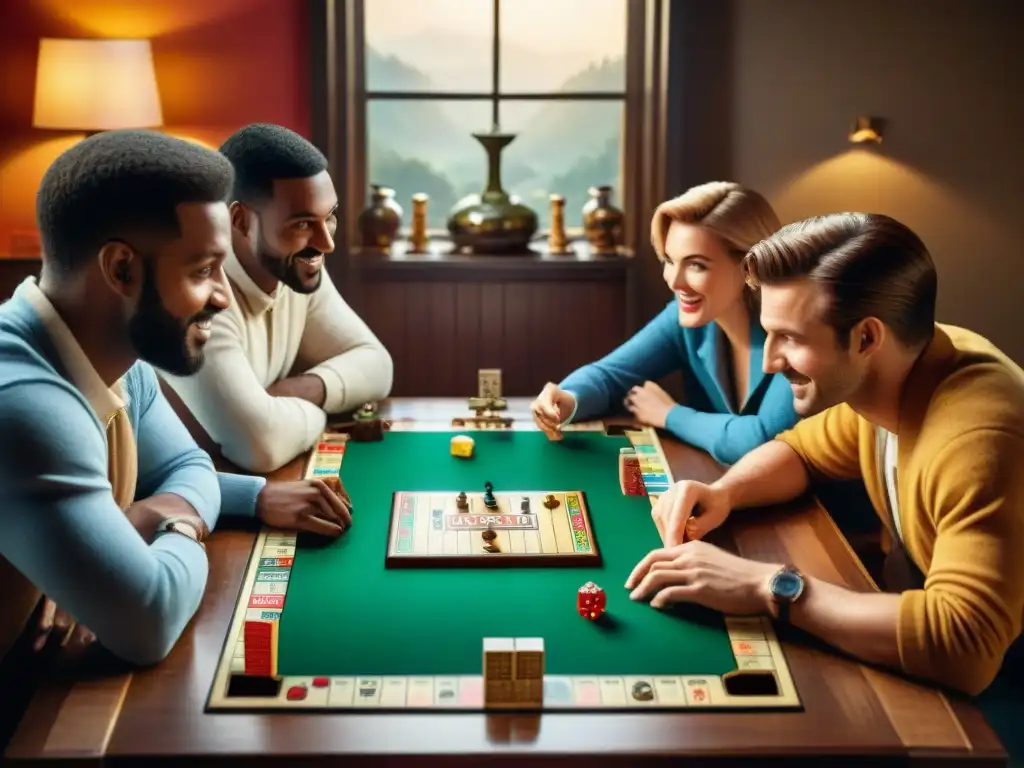 Noche de juegos de mesa retro con amigos reunidos alrededor de clásicos de los 80 y 90, en una atmósfera nostálgica y cálida
