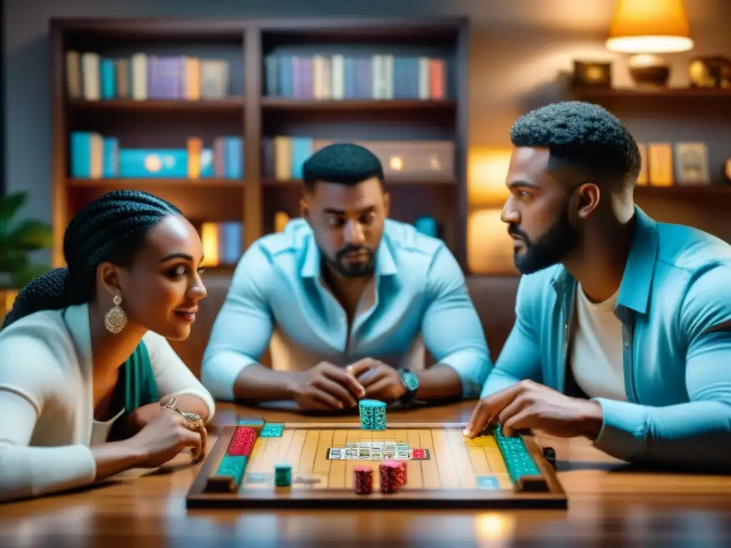 Una noche de juegos de mesa como tendencia: amigos concentrados y emocionados alrededor de un tablero intrincado en una sala cálidamente iluminada