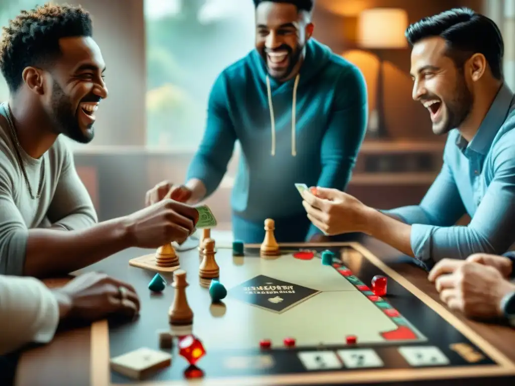 Una noche de juegos de mesa como tendencia: amigos riendo y compitiendo en una partida intensa, entre piezas y estrategias