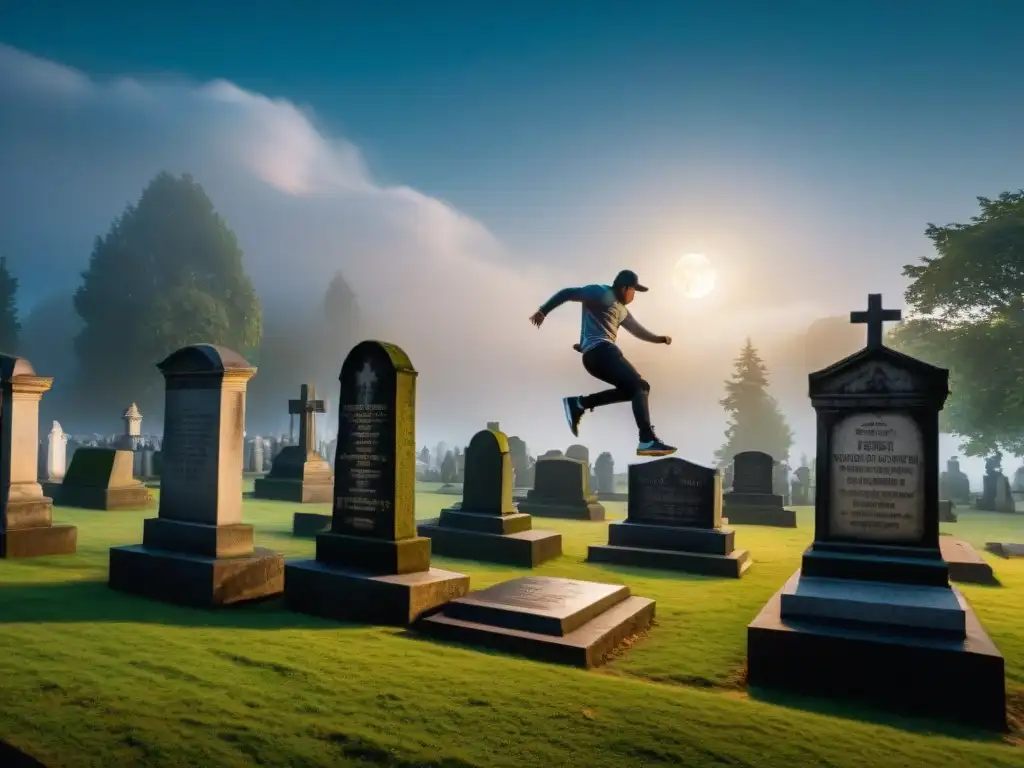 Parkour nocturno en cementerios históricos: saltos ágiles entre tumbas bajo la luz de la luna llena